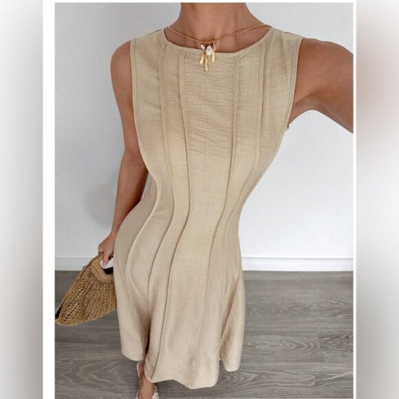 Split Pleated Waist A-Line Dress Beige - Picture 4 of 6